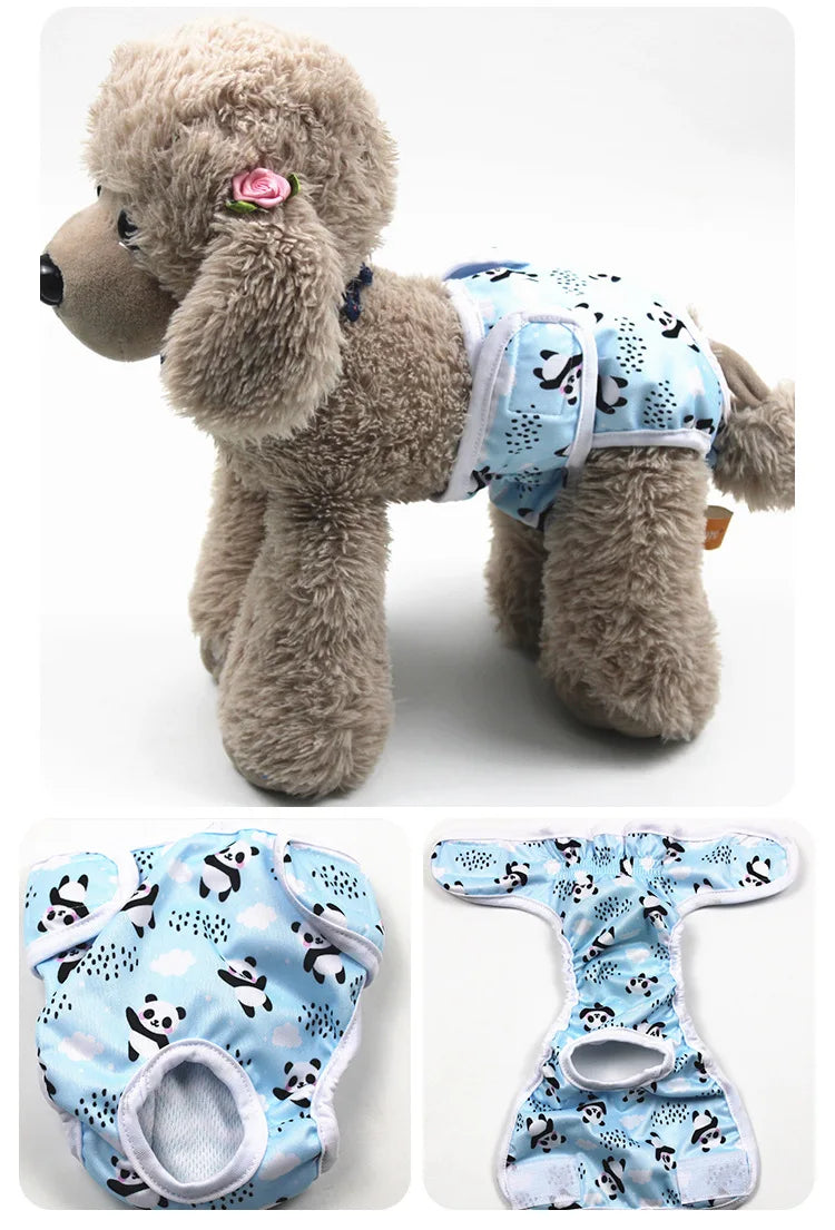 A reusable female dog physiological panty in light blue with a black and white pattern shown from different angles.