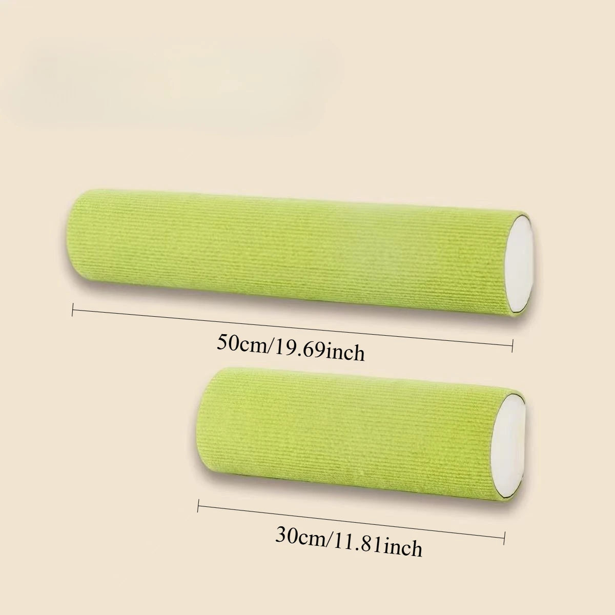 A light green cylindrical cat scratching board with a self-adhesive backing shown in two lengths.