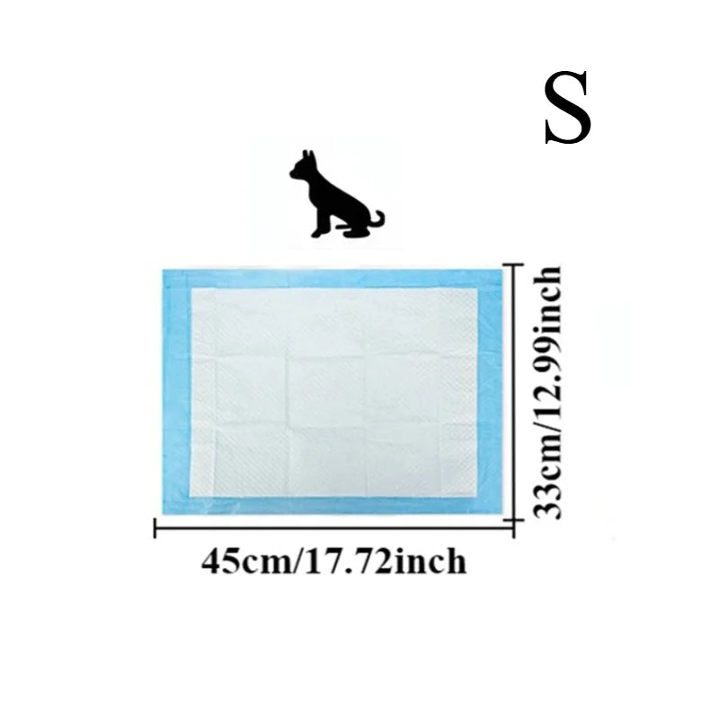 A rectangular white pet training pad with light blue edges and a silhouette of a dog above it.