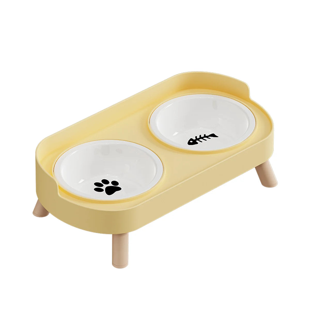 A light yellow stainless steel double bowl for dogs and cats with two ceramic bowls inside.