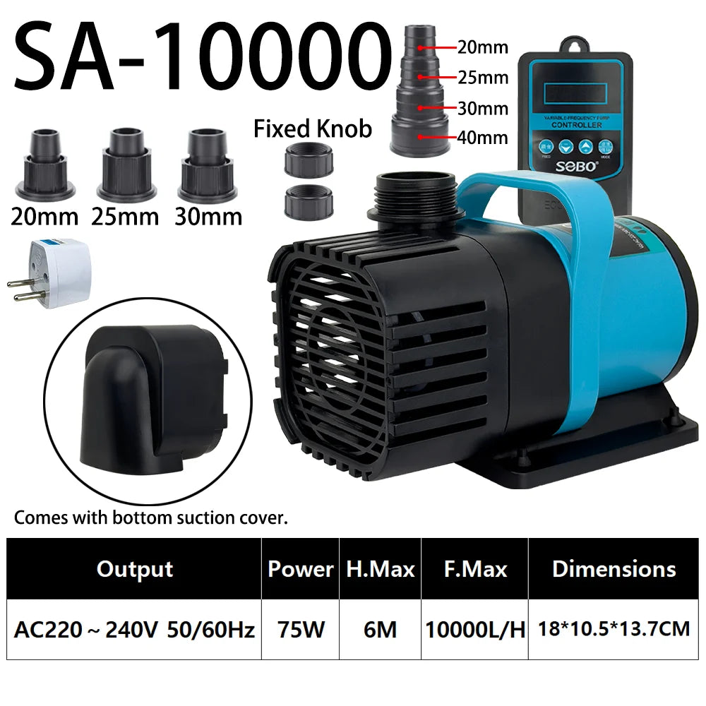 SA-10000 submersible water pump with fixed knob, power controller, and bottom suction cover.