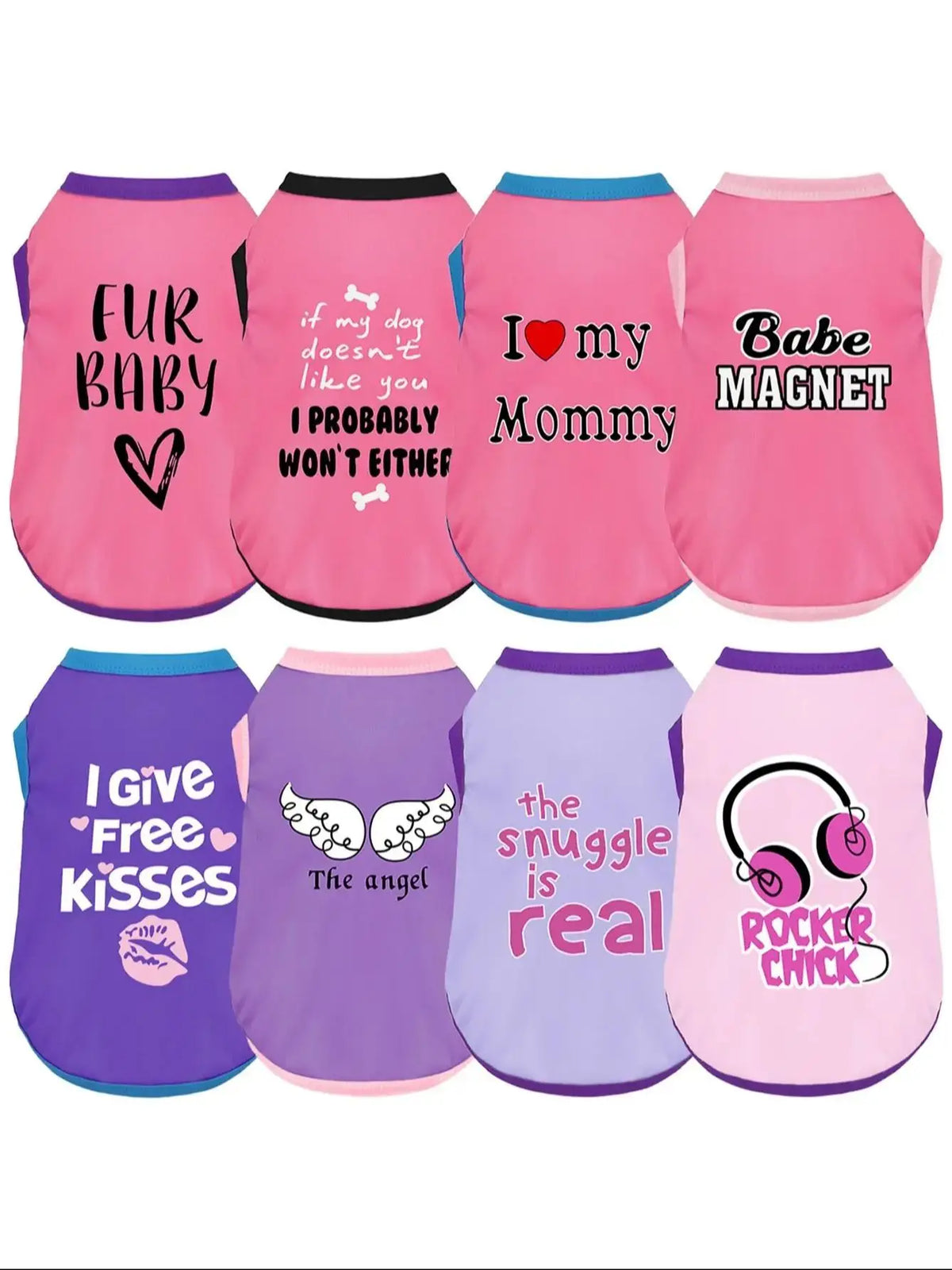 Eight pink and purple dog shirts featuring various playful phrases like I love my dog and Babe Magnet