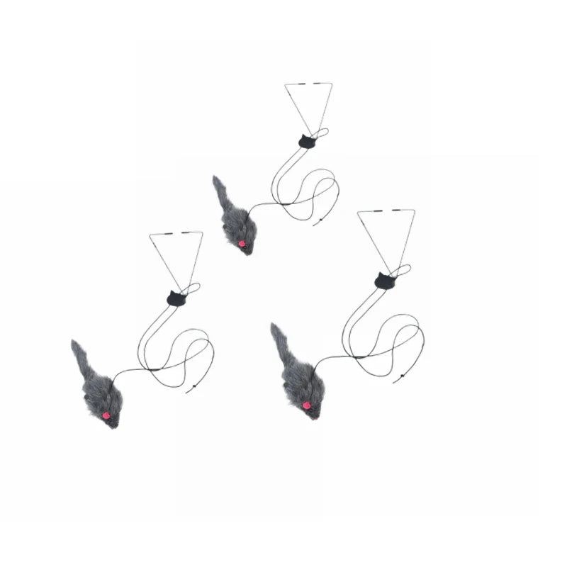 Interactive door hanging cat toy with mouse teaser featuring a gray cat and stringed mouse