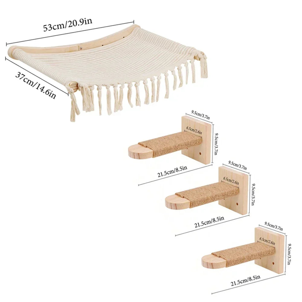 Wall-mounted cat tree with scratching stairs and hammock in beige fabric