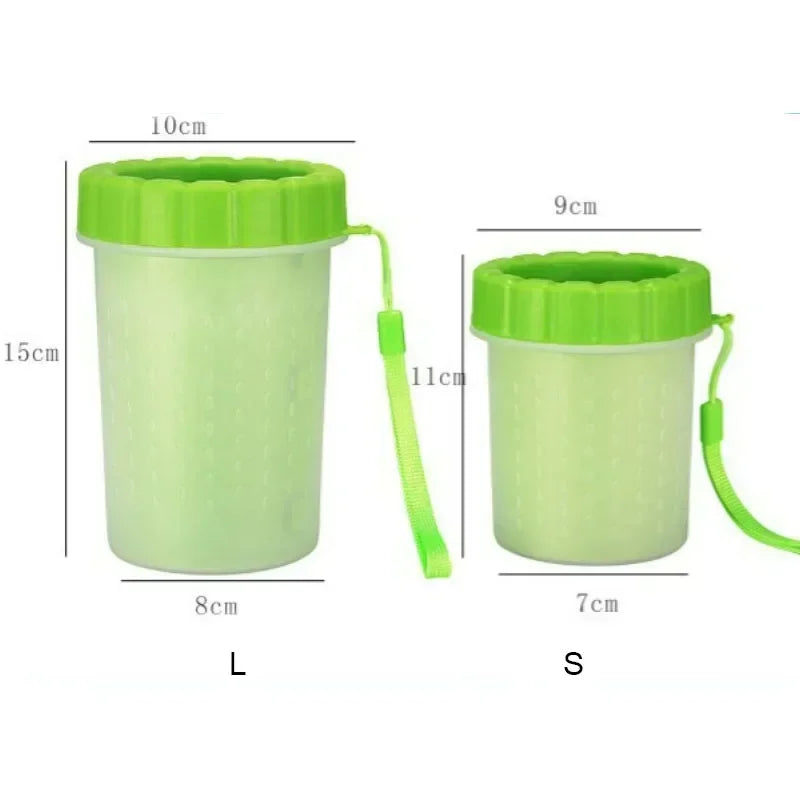 Two silicone pet paw cleaners, labeled L and S sizes, are shown with dimensions.