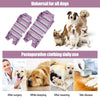 Purple protective recovery suit for dogs shown alongside healthy dogs and various usage scenarios