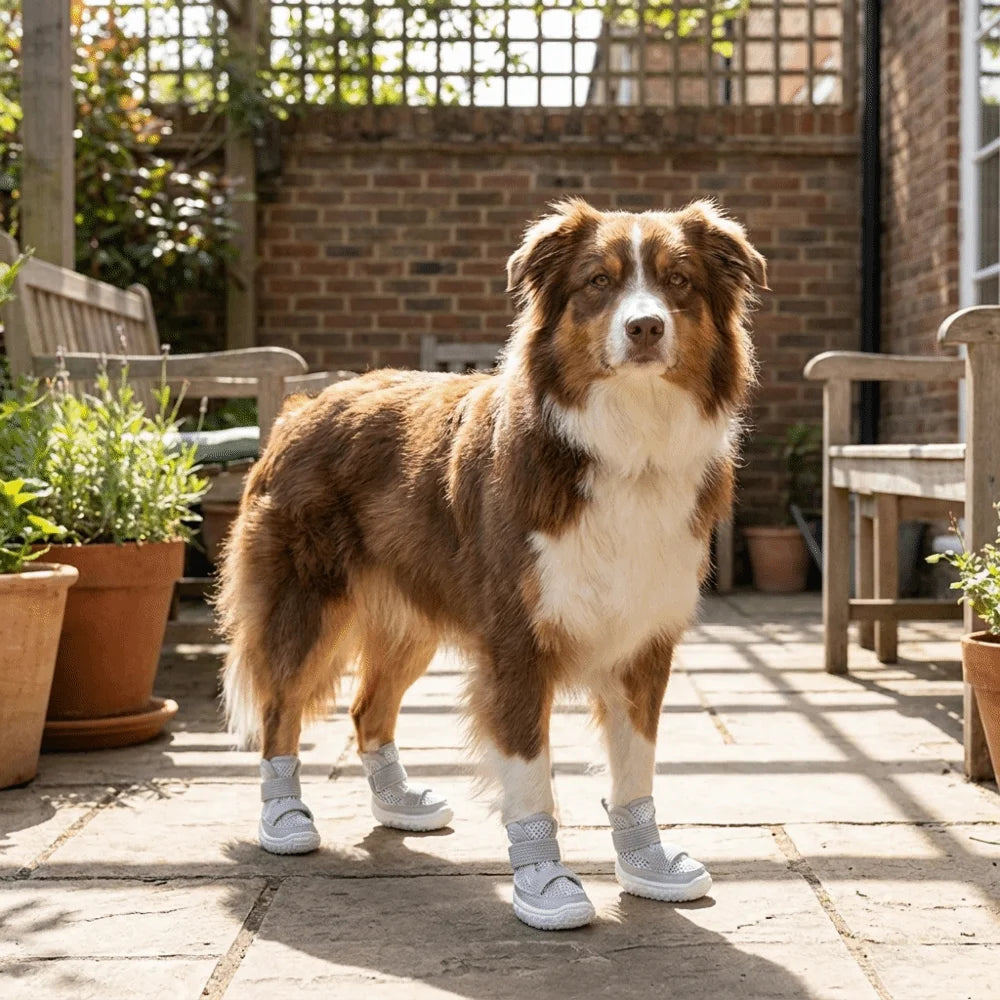 A brown and white dog wearing anti-slip shoes standing outdoors on a paved path.