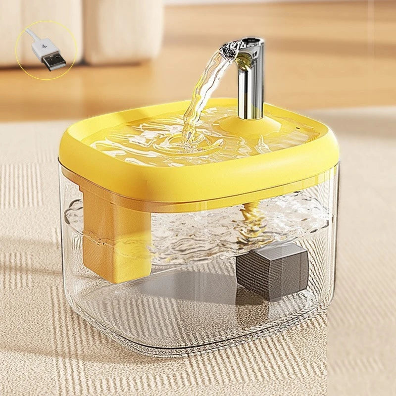 Fontaine à eau automatique en verre clair avec base jaune et bec en métal