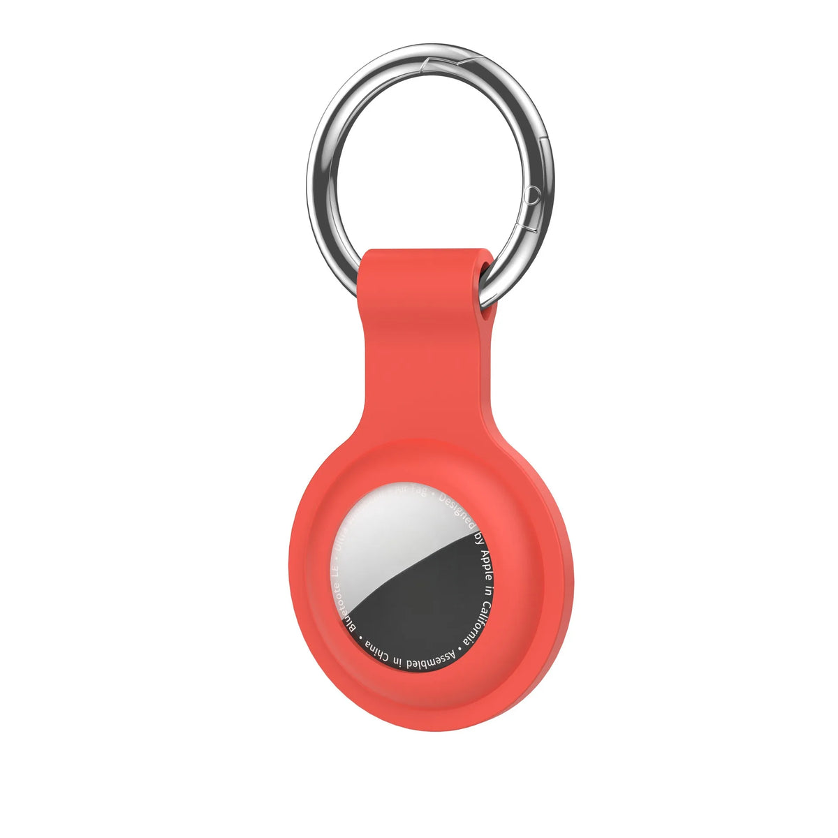 An orange silicone protective cover for an AirTag attached to a metal keychain ring.