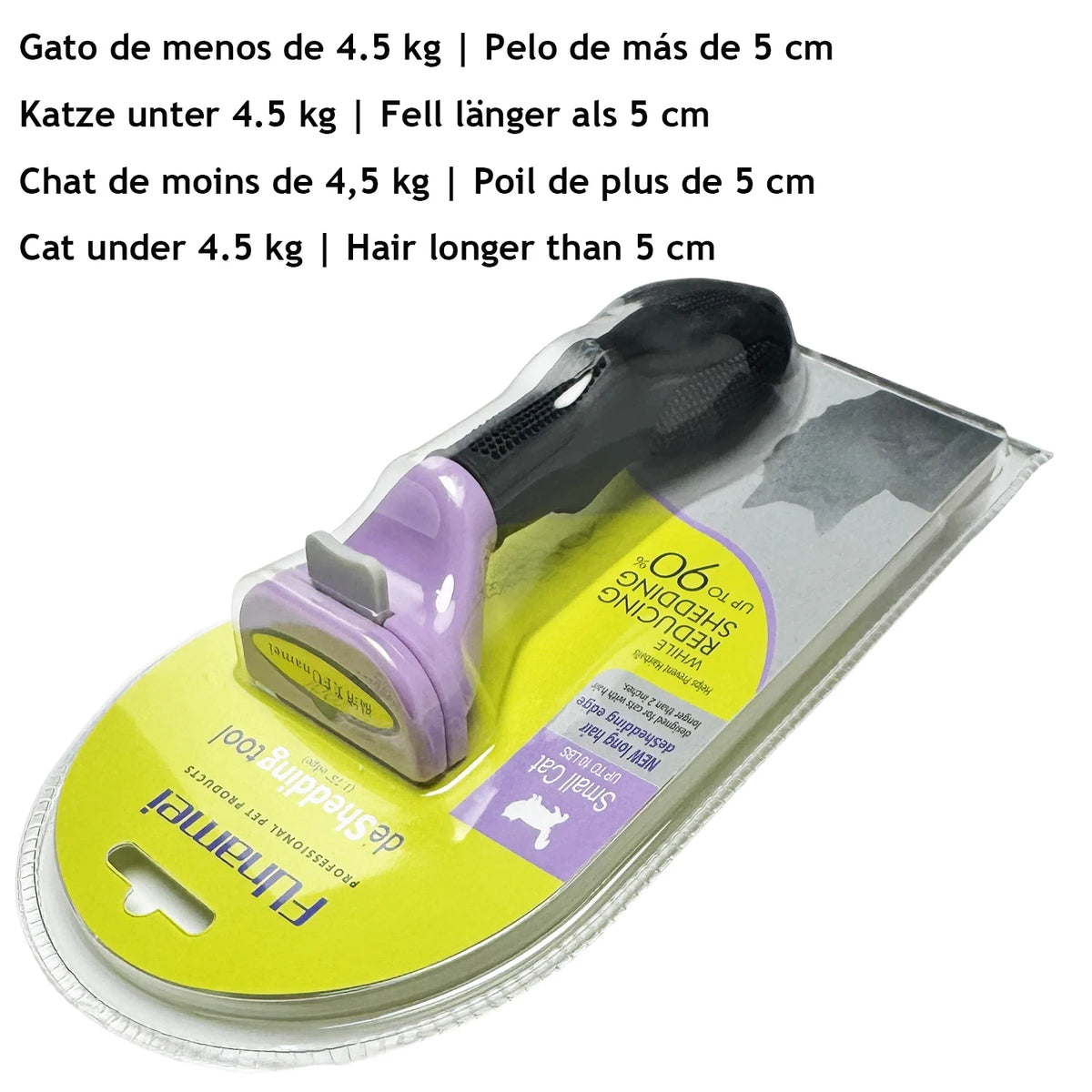 A yellow pet deshedding brush with a black handle and purple bristles for dogs and cats.