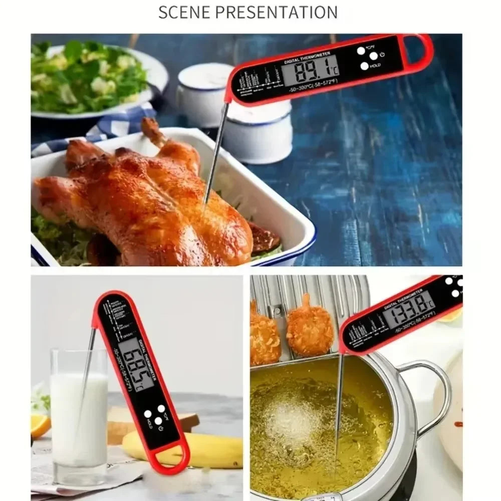 A digital meat thermometer is shown measuring the internal temperature of a roasted chicken on a platter.