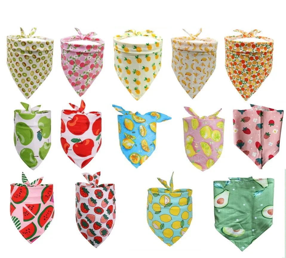 A collection of cute cotton pet bandanas for dogs and cats in various floral and patterned designs.