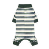 A striped four-legged pet jumpsuit featuring horizontal navy and white stripes.