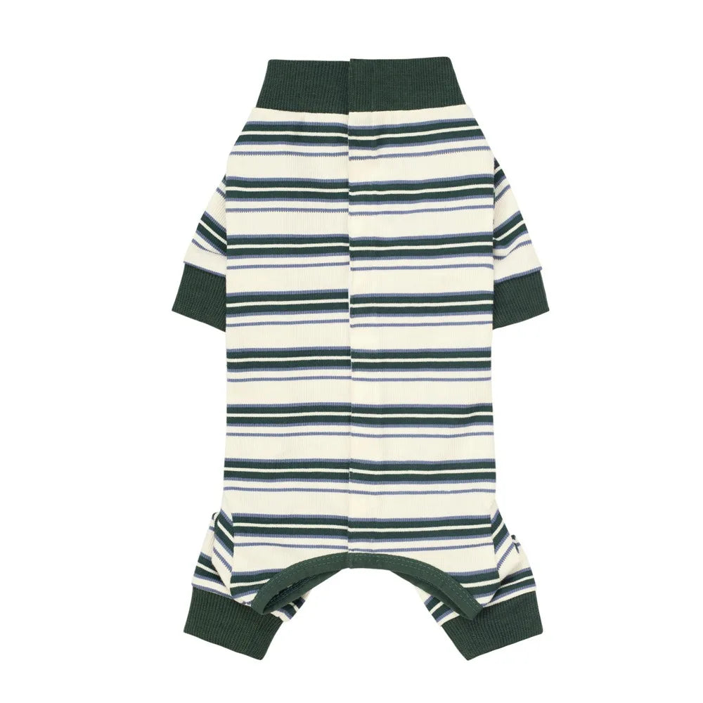 A striped four-legged pet jumpsuit featuring horizontal navy and white stripes.