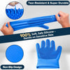 Blue silicone pet grooming gloves and brush kit shown with a hand, demonstrating tear-resistant and durable features.