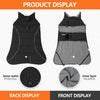 Display of a black and gray waterproof reflective dog winter coat showing front and back views and insulation details