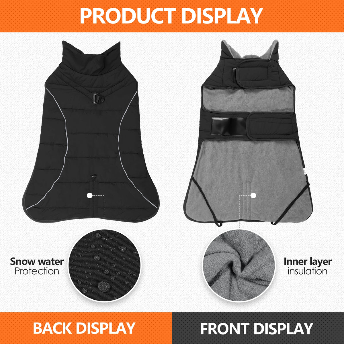 Display of a black and gray waterproof reflective dog winter coat showing front and back views and insulation details