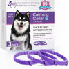 A box of 3 calming collars for dogs is shown next to purple collars.