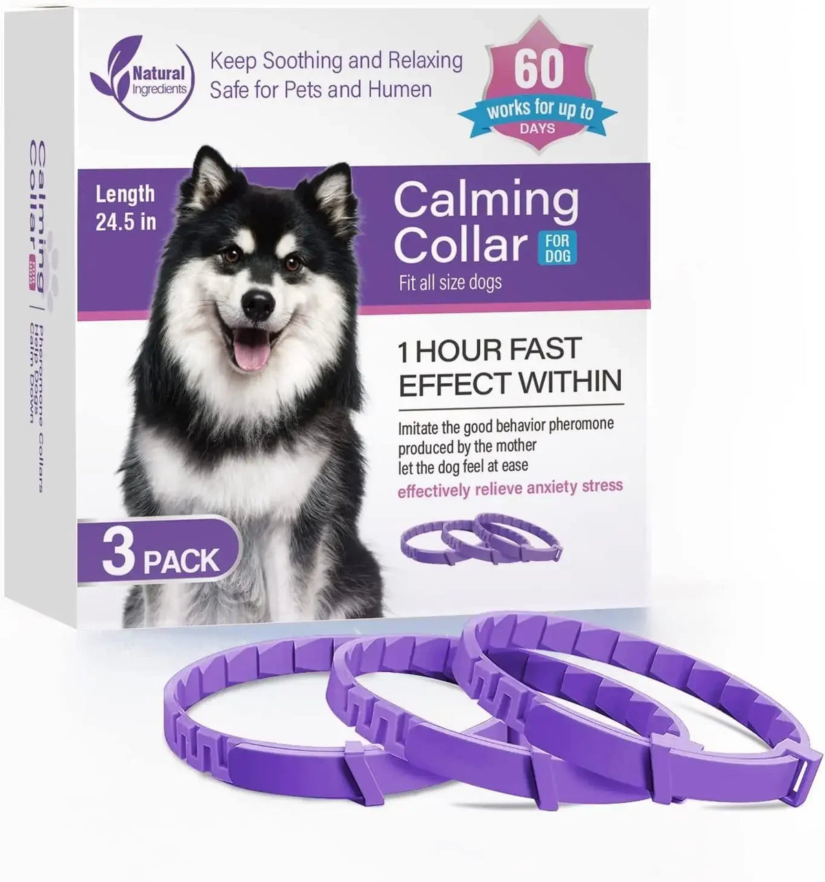 A box of 3 calming collars for dogs is shown next to purple collars.