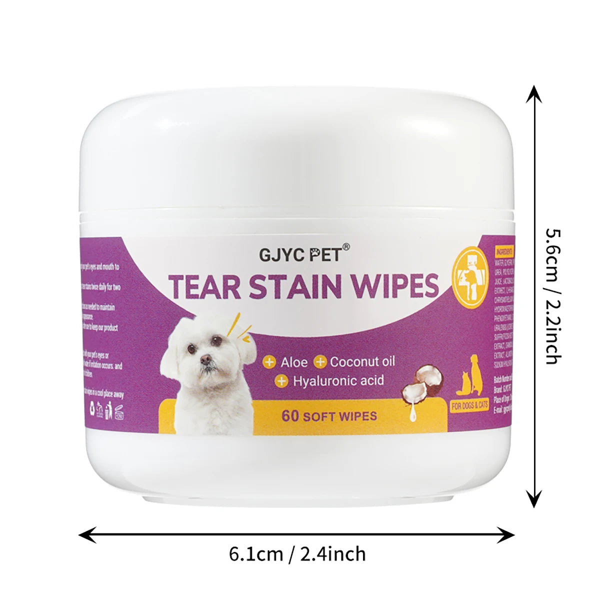 A white jar of GJYC PET Tear Stain Wipes containing 60 soft wipes for dogs and cats.