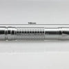 Silver focusable laser pointer with a ribbed body and a 146mm length.