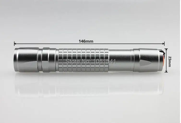 Silver focusable laser pointer with a ribbed body and a 146mm length.