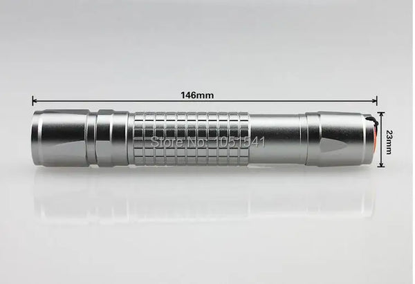 Silver focusable laser pointer with a ribbed body and a 146mm length.