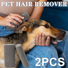 A person is using pet hair remover brushes on a dog's head, with two grey foam brushes visible below.