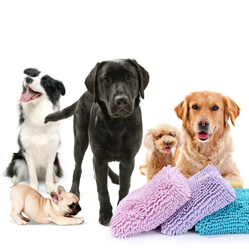 A collection of fluffy pet bath towels in various colors, including pink, purple, and teal, next to three dogs.