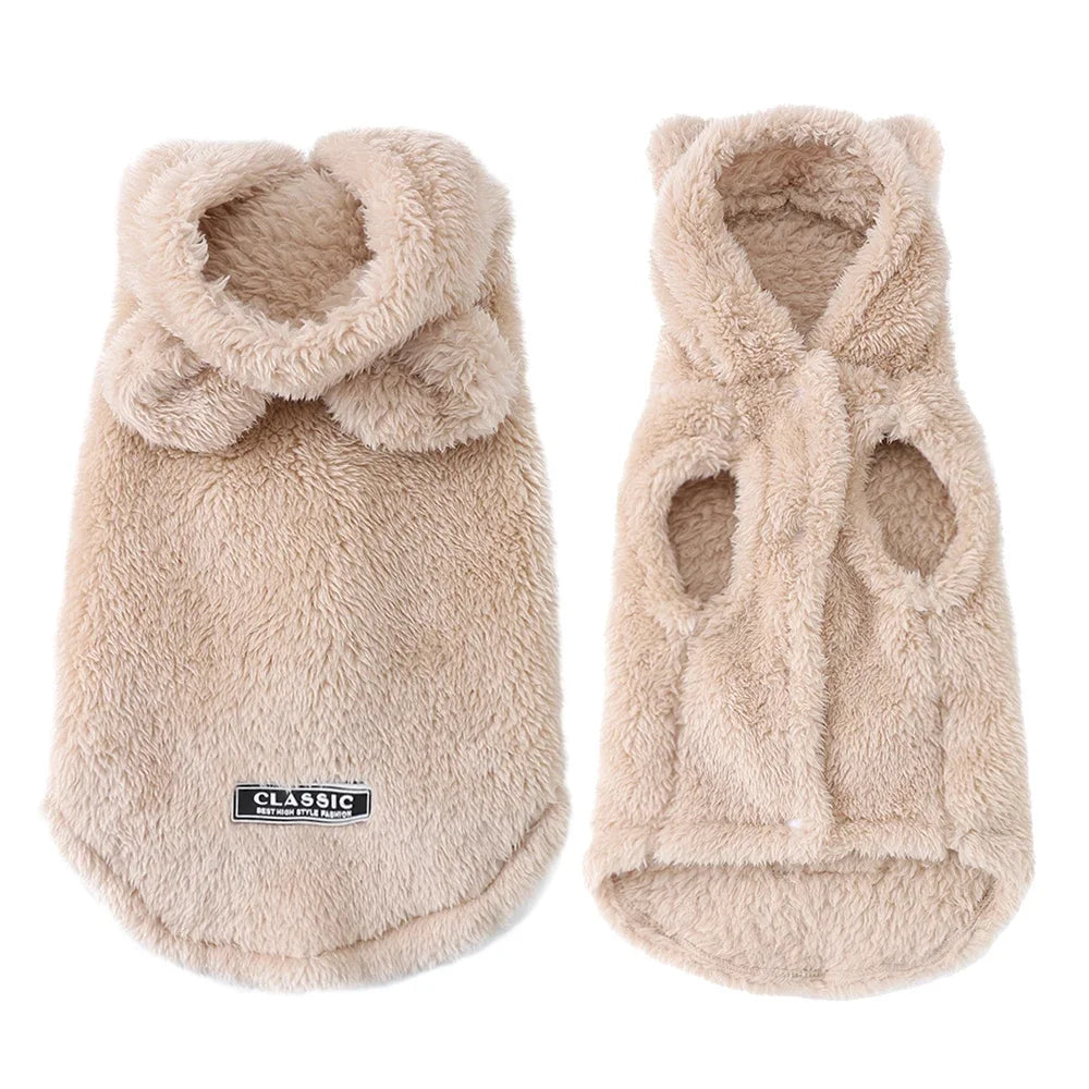 A pair of beige fuzzy fleece hoodies for small and medium dogs.