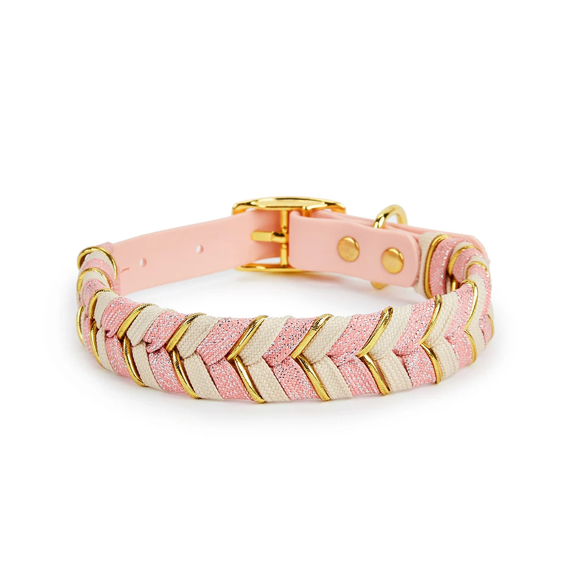 A pink and cream braided dog collar with a gold buckle and reflective safety feature.