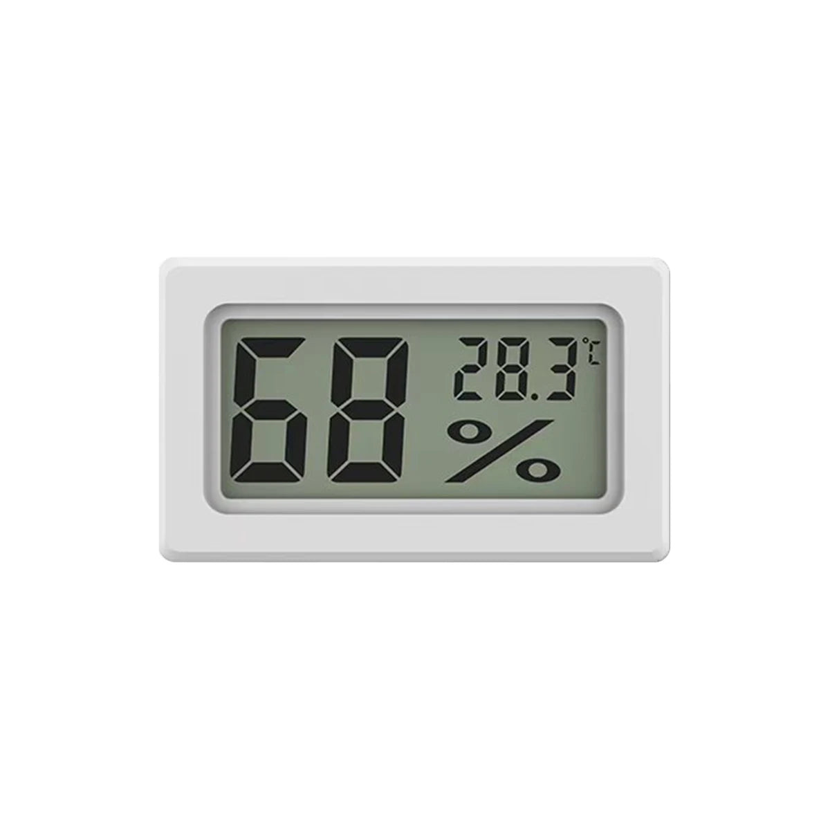 A white digital thermometer displaying 68 degrees and 28.3 percent humidity.