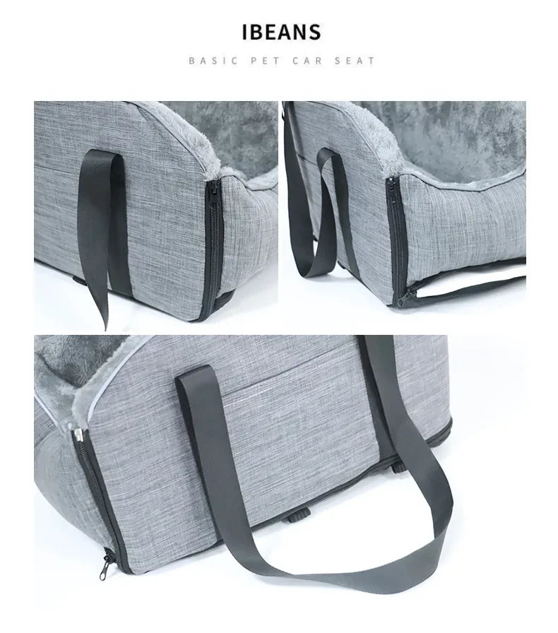 A gray Ibeans basic pet car seat featuring a padded design and safety strap.