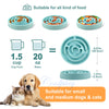 A blue anti-gulping slow feeder bowl suitable for all kinds of food, shown with volume measurements and usage examples.
