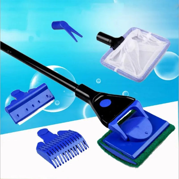 A set of five blue and black aquarium cleaning tools including a brush, scraper, and sponge for cleaning fish tanks.