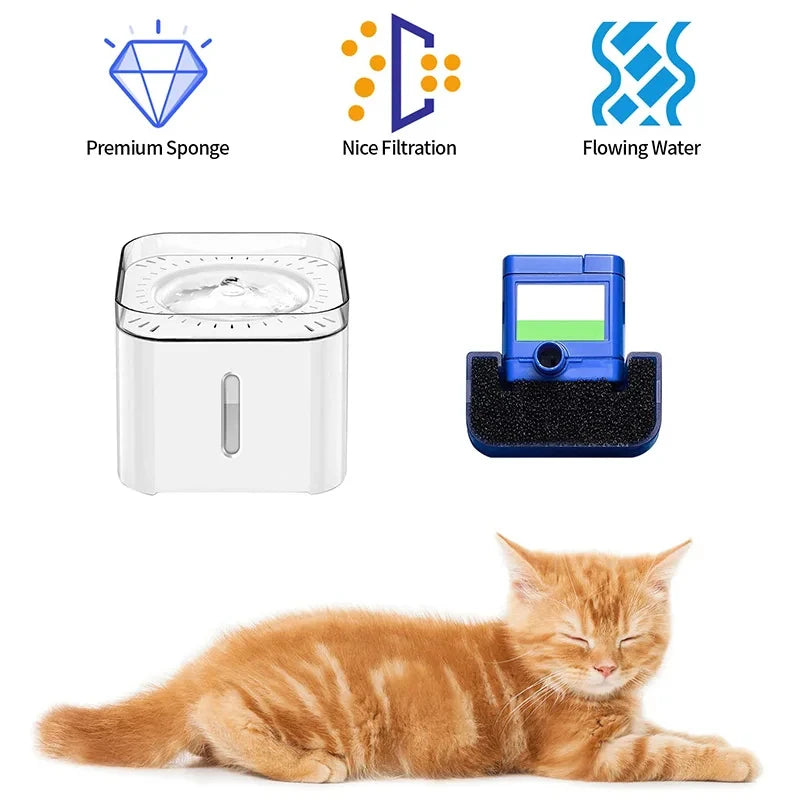 A small, white electronic device is shown next to a fluffy orange cat.