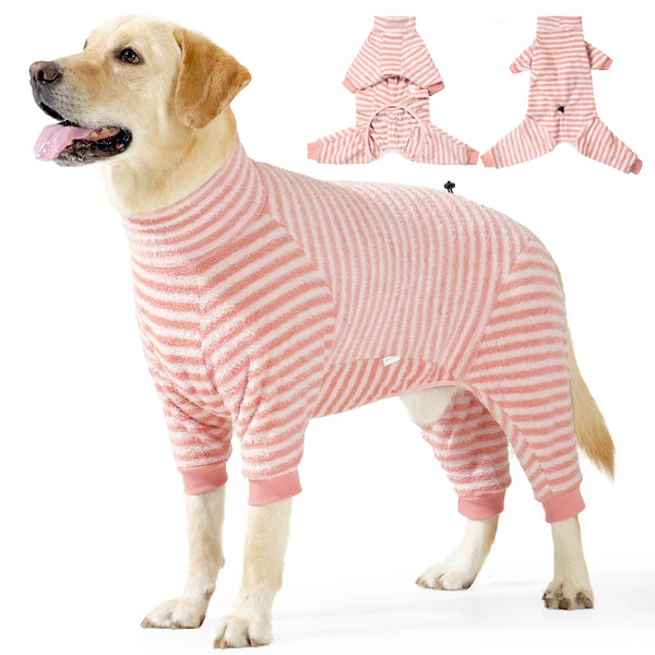 A golden retriever wearing a pink and white striped fleece dog winter recovery suit.