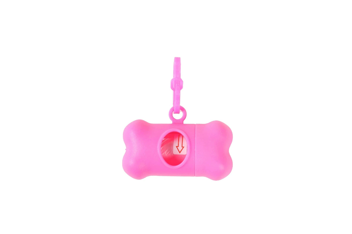 Dispensador portátil de bolsas para mascotas en forma de hueso rosa con clip de remolque.