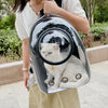 A person holds a transparent pet carrier backpack with a cat inside outdoors.