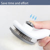 A hand is using a white hair removal brush to remove pet hair from a surface.