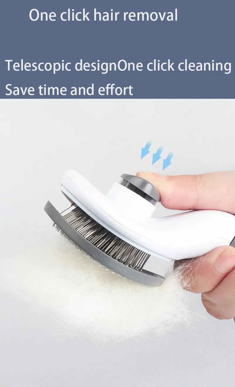 A hand is using a white hair removal brush to remove pet hair from a surface.