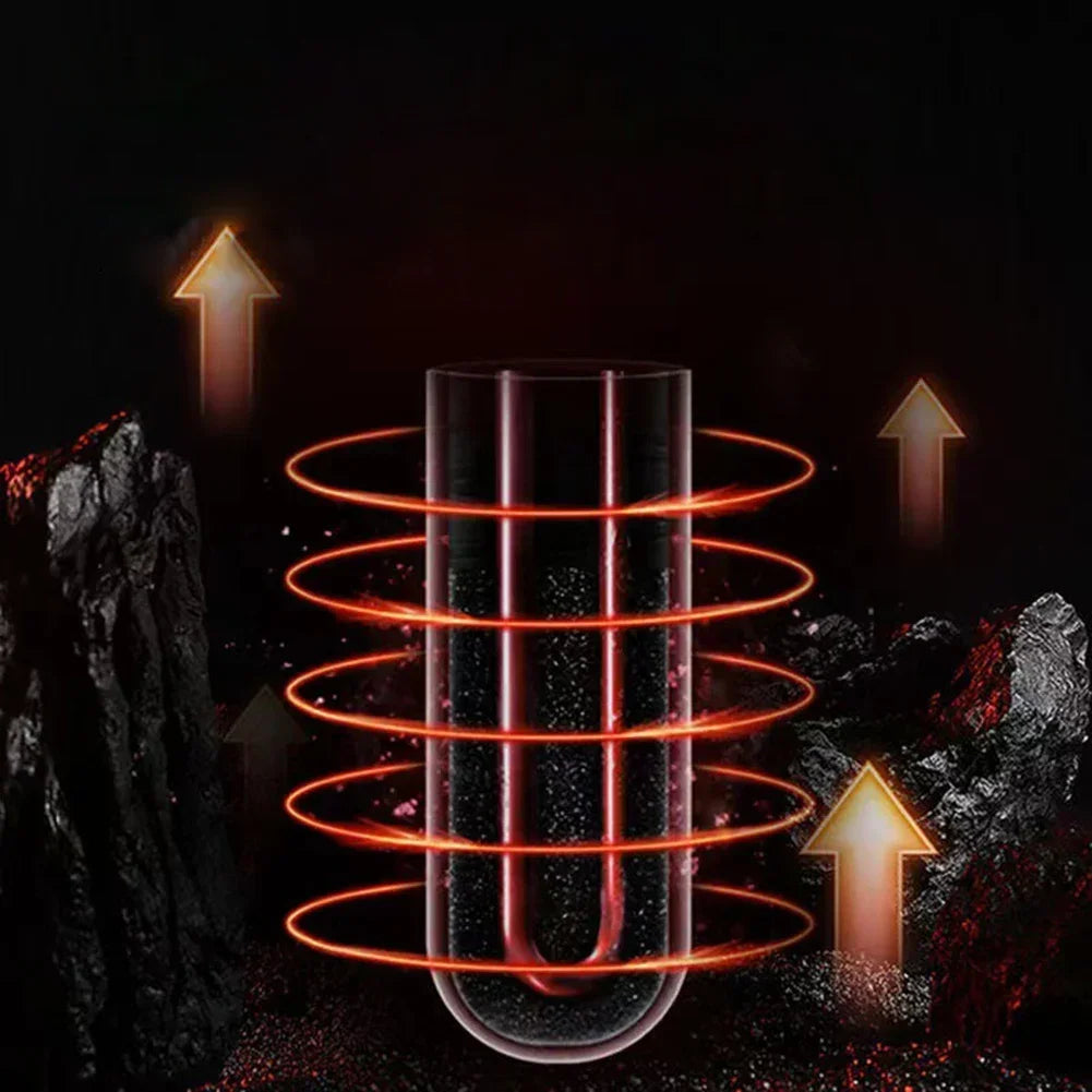 Un tubo de vidrio con bobinas rojas brillantes rodeado de rocas oscuras y chispas.