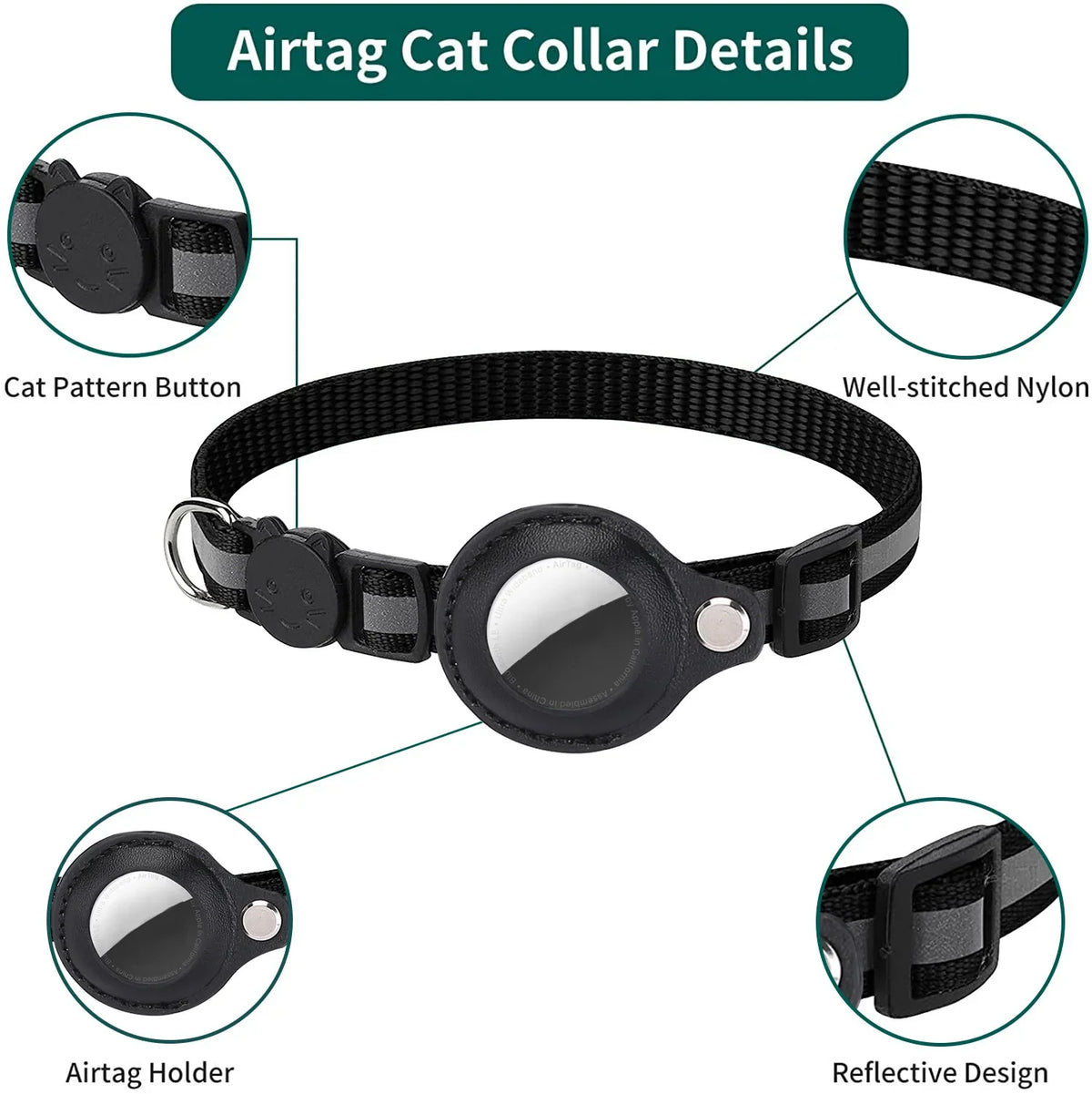 Details of an AirTag Cat Collar showing the pattern button, well-stitched nylon, and reflective design.