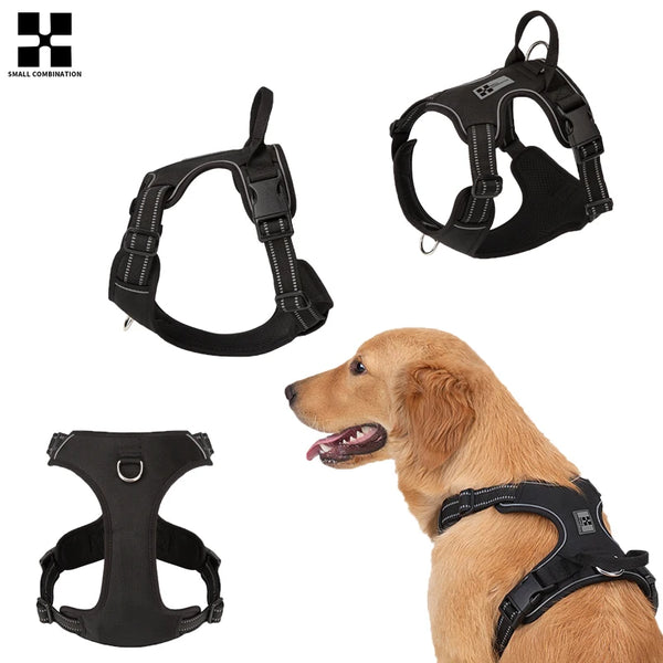 A black reflective no-pull dog harness is shown alongside its components and a golden retriever wearing it.