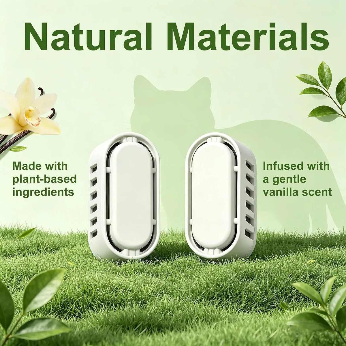 Two white natural materials scent deodorizers are shown on green grass with a cat in the background.
