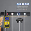 A yellow and black waterproof dog training collar is shown mounted on a wall with charging indicators.