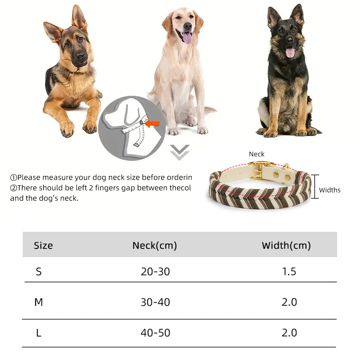 Three dogs of different breeds wearing a colorful handmade dog collar with a reflective safety feature.