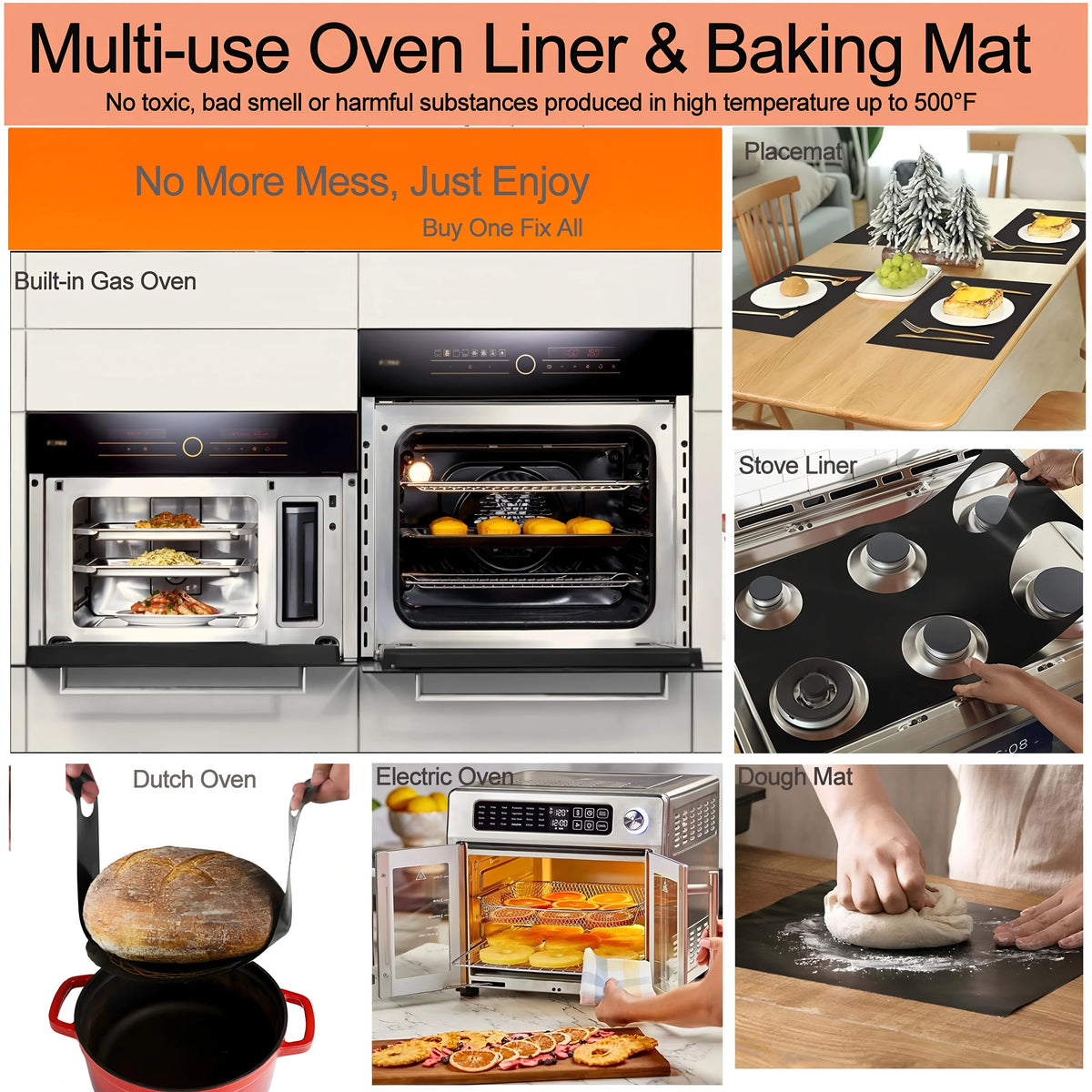 A collection of multi-use oven liners and baking mats including built-in gas ovens, electric ovens, and dough mats.