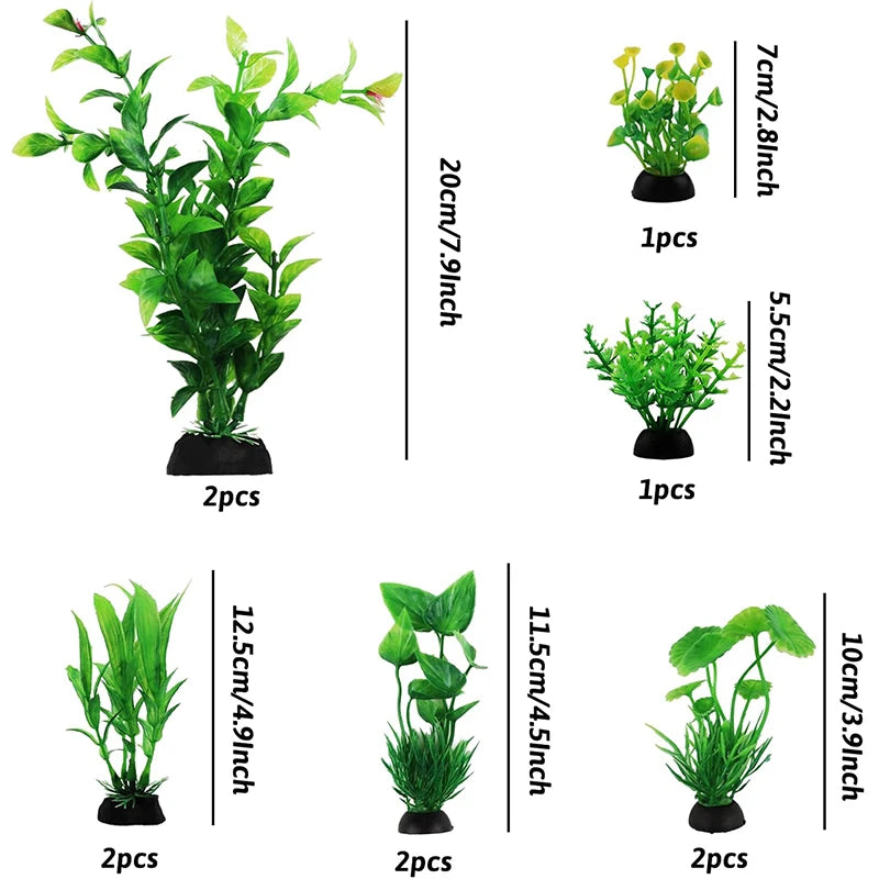 Set of 10 artificial green plastic water grass plants for fish tanks shown in various sizes and quantities.