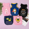 Five pink and black breathable mesh pet vests featuring various cartoon prints like a monkey, a lion, and a dinosaur.